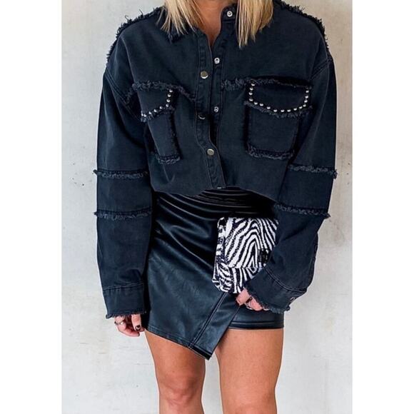 Vintage Havana Studded Peace Sign Twill Black Oversized Shacket, S - Picture 4 of 11